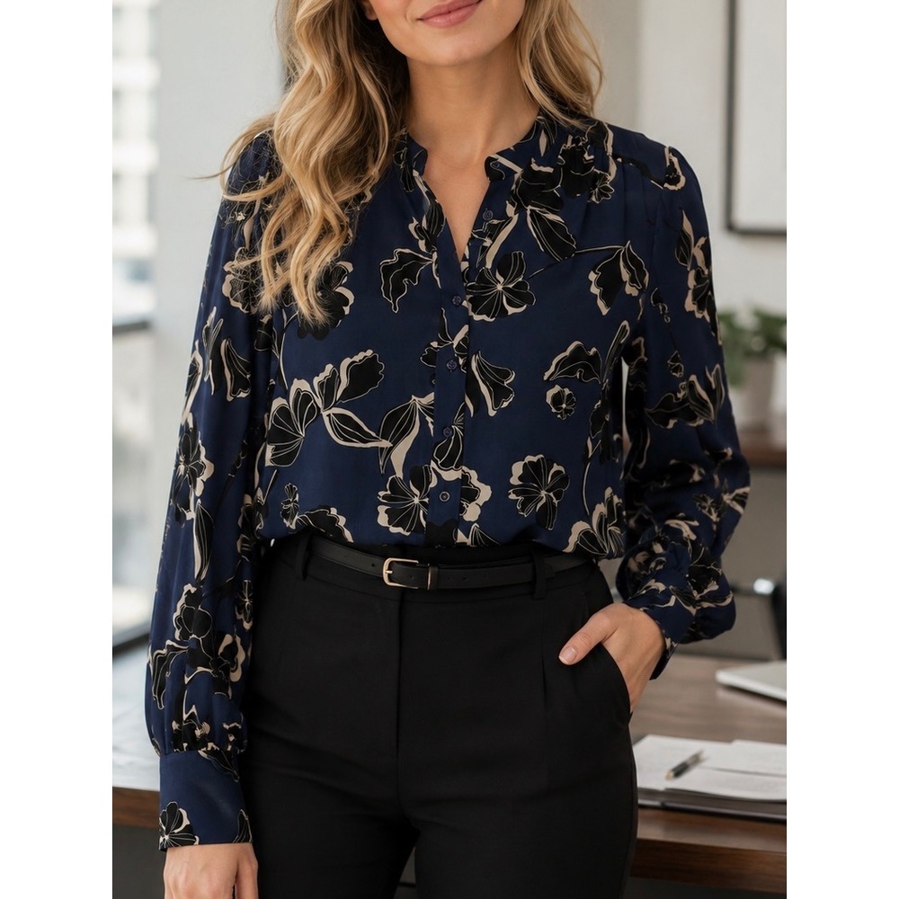 Evereve Womens Blouse Blue Large Floral Button Down Long Sleeve Office Work Top